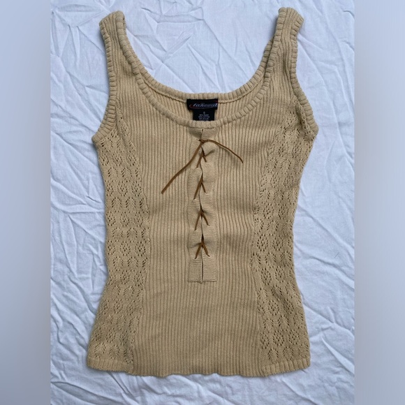 Women’s Y2K Takeout Size Small Tan Lace Tie up sweater Tank - Picture 1 of 6